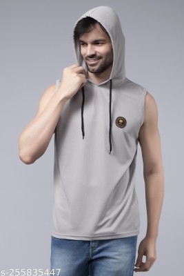 fashionfirst Solid Men Hooded Neck Grey T-Shirt