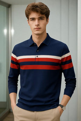 Bolderift Solid Men Polo Neck Navy Blue T-Shirt