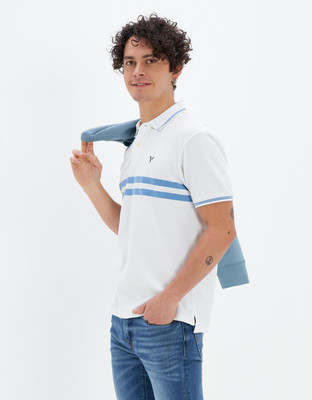 American Eagle Striped Men Polo Neck White T-Shirt