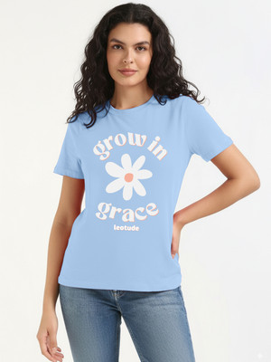 Leotude Printed Women Round Neck Light Blue T-Shirt