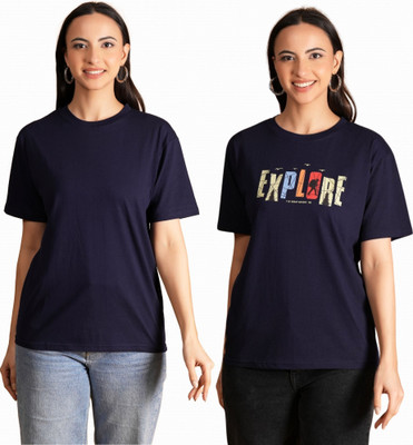 METRONAUT Printed, Solid Women Round Neck Multicolor T-Shirt