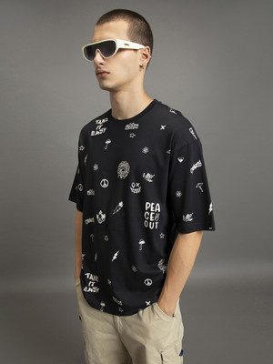 BEWAKOOF Printed Men Round Neck Black T-Shirt