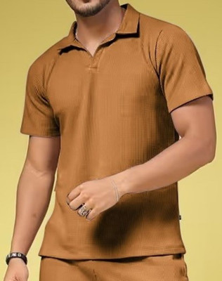 INDICLUB Solid Men Polo Neck Brown T-Shirt
