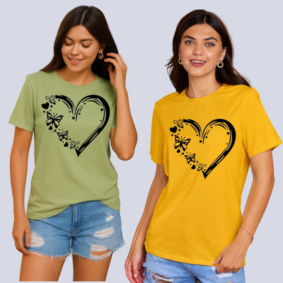 Lecowar Graphic Print Women Round Neck Green, Yellow T-Shirt