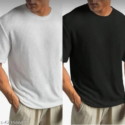 SR Fashion Self Design Men Round Neck White, Black T-Shirt