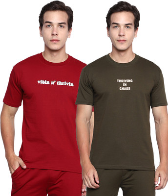 TWF Solid Men Round Neck Red, Green T-Shirt