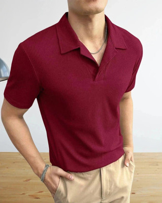 TAZO Self Design Men Polo Neck Maroon T-Shirt