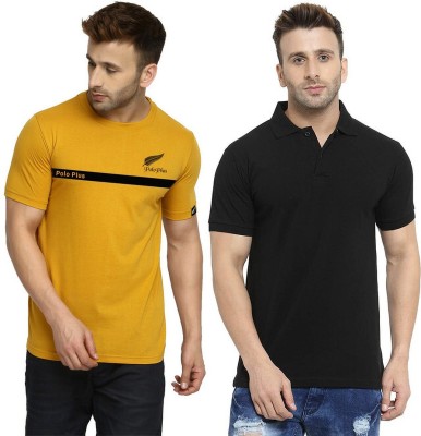 Polo Plus Printed, Solid Men Round Neck Yellow, Black T-Shirt