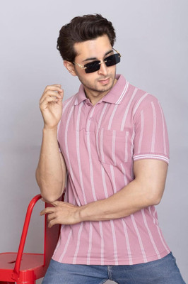 Garimaknitwear Striped Men Polo Neck Pink T-Shirt