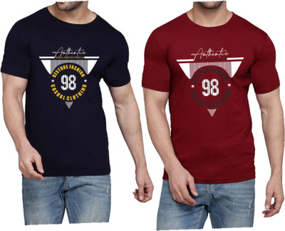 WOOSTRO Printed Men Round Neck Dark Blue, Maroon T-Shirt