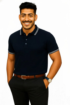 RxFabric Solid Men Polo Neck Navy Blue T-Shirt