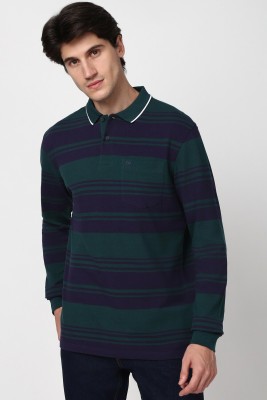 PETER ENGLAND Striped Men Polo Neck Green, Navy Blue T-Shirt