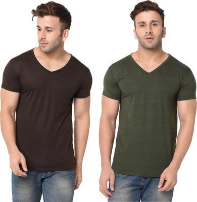 Moordale Fab Solid Men V Neck Brown, Green T-Shirt