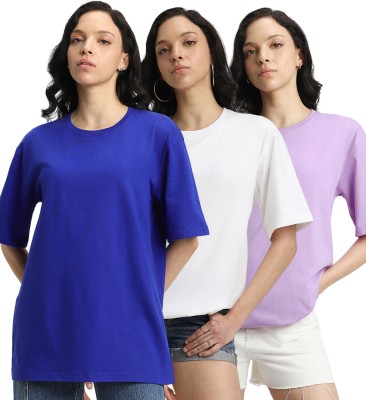 JUNEBERRY Solid Women Round Neck Purple, White, Blue T-Shirt