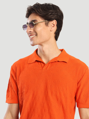Roadster Geometric Print Men Polo Neck Orange T-Shirt