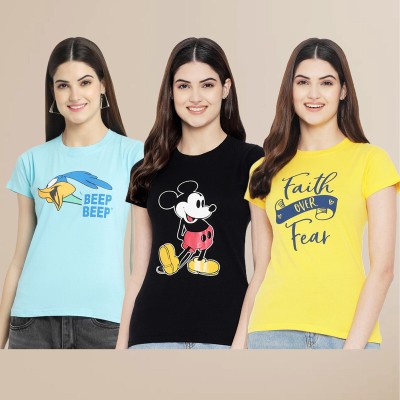 Fabflee Printed, Typography Women Round Neck Light Blue, Yellow, Black T-Shirt