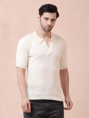 NOQUO Striped, Self Design Men Polo Neck White T-Shirt
