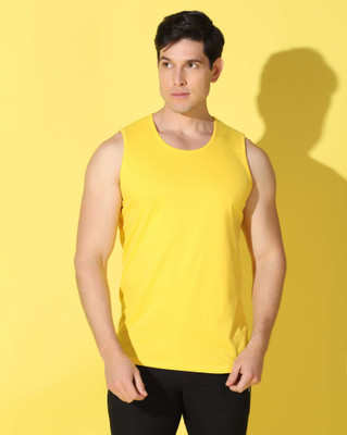 WOOSTRO Solid Men Scoop Neck Yellow T-Shirt
