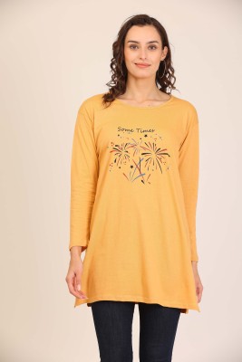 RRAVAYKI Printed Women Round Neck Beige T-Shirt