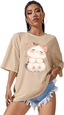 Absolute Defense Printed Women Round Neck Beige T-Shirt
