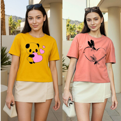 Herway Printed Women Round Neck Yellow, Pink T-Shirt