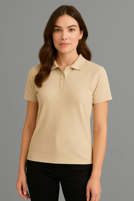 Adyavastram Solid Women Polo Neck Beige T-Shirt