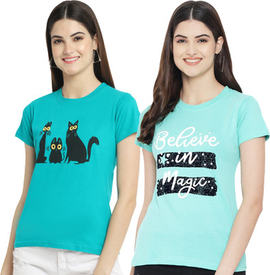 Fabflee Printed Women Round Neck Light Blue T-Shirt