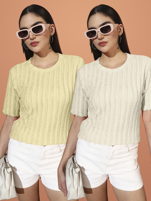 SOMVATI Self Design Women Round Neck Yellow T-Shirt