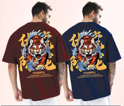 Reya Printed Men Round Neck Maroon, Blue T-Shirt