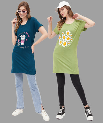 Christy World Printed Women Round Neck Dark Blue, Light Green T-Shirt