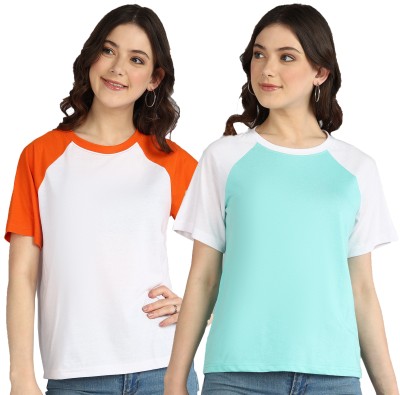 Adyavastram Colorblock Women Round Neck Orange, White, Green T-Shirt