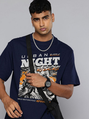 R.Code by The Roadster Life Co. Graphic Print Men Round Neck Navy Blue T-Shirt