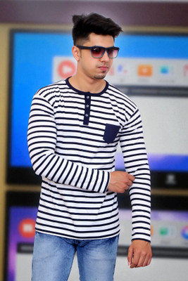 FARICON Striped Men Round Neck Grey T-Shirt