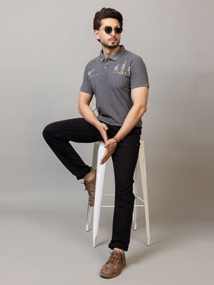 RosyRains Printed, Graphic Print Men Polo Neck Grey T-Shirt