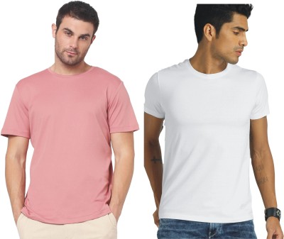 ALFA Solid Men Round Neck Pink, White T-Shirt