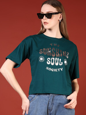V-MART Printed Women Round Neck Green T-Shirt
