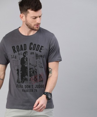 Roadster Printed Men Round Neck Grey T-Shirt