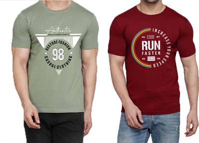 WOOSTRO Printed Men Round Neck Light Green, Maroon T-Shirt