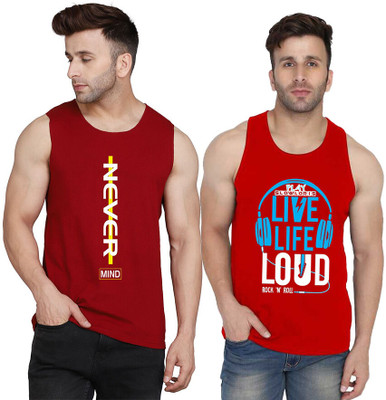 SLOWLORIS Printed, Colorblock Men Scoop Neck Red, Maroon T-Shirt