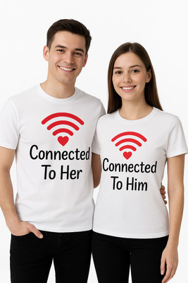 manavgifts Typography Couple Round Neck White T-Shirt