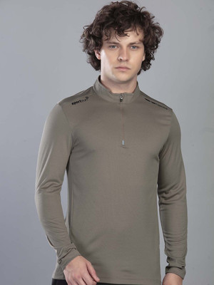 Sport Sun Solid Men Mandarin Collar Beige T-Shirt