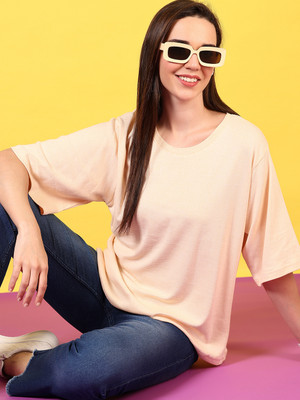 V-MART Striped Women Round Neck Yellow T-Shirt