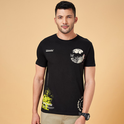 PEOPLE Printed Men Round Neck Black T-Shirt