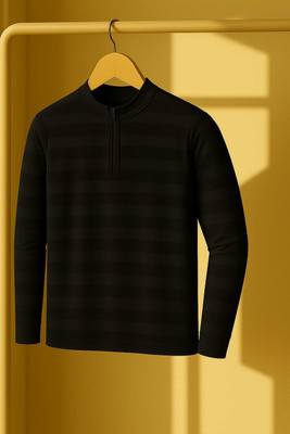 KASPY Striped Men Zip Neck Black T-Shirt