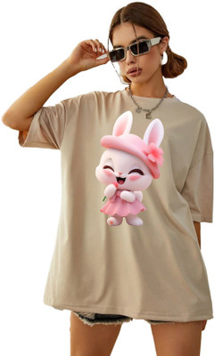 BELTLY Printed Women Round Neck Beige T-Shirt