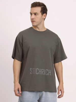 STICHRICH Solid Men Round Neck Grey T-Shirt