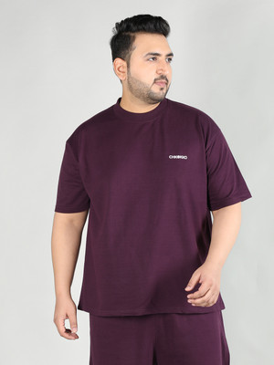 CHKOKKO Solid Men Round Neck Purple T-Shirt