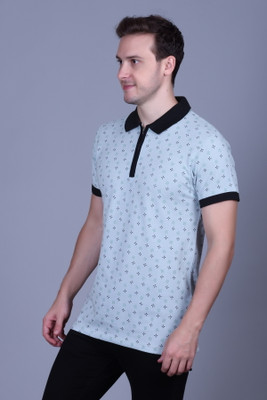 Pyro Spirit Geometric Print Men Polo Neck Light Blue T-Shirt