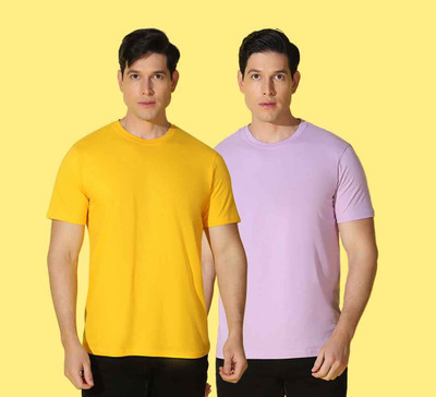 WOOSTRO Solid, Typography Men Round Neck Purple, Yellow T-Shirt