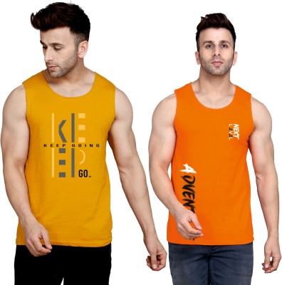 SLOWLORIS Printed Men Round Neck Orange, Yellow T-Shirt